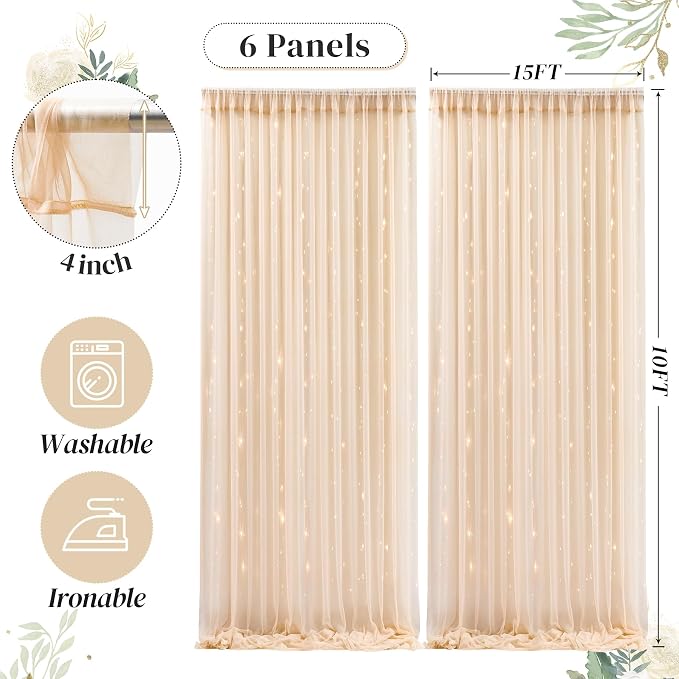 30ft x 10ft Champagne Tulle Backdrop Curtain with Lights String for Parties, Sheer Wedding Photo Backdrops Drapes for Baby Shower Birthday Party Decorations Background for Photography