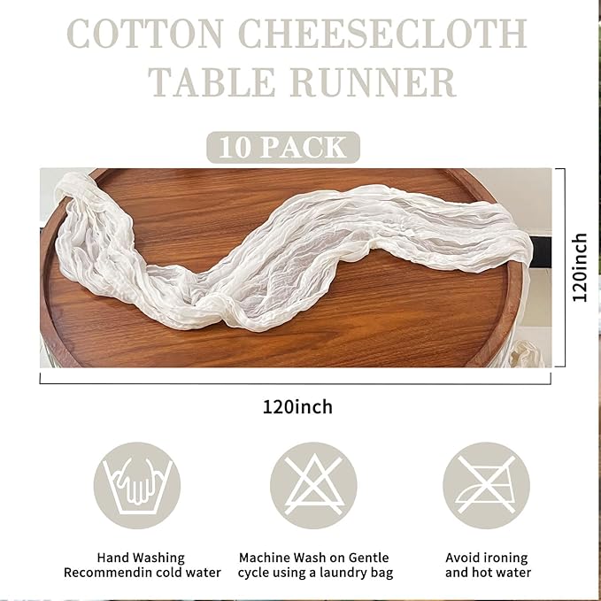 Herda 10 Pack 120inch White Cheesecloth Table Runners - 10Ft Long Cotton Gauze Table Runner Set for Weddings Bridal Parties and Baby Showers Decoration-Elegant Brilliant White Table Cloth