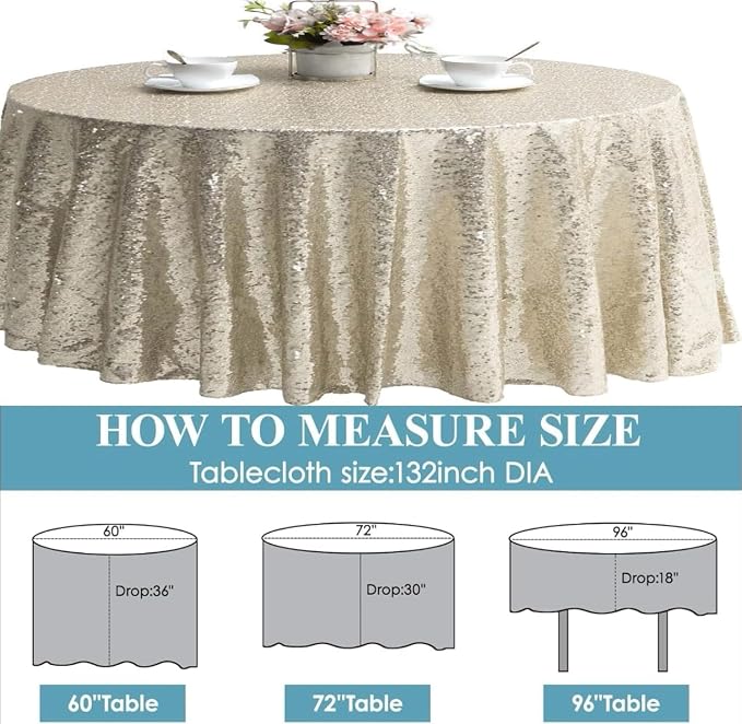 132 Inch Round Champagne Sequin Tablecloth, Metallic Large Glitter Sparkle Table Cloth for Dining Banquet Table, Sequin Table Linen for Wedding Bridal Shower Party Decorations