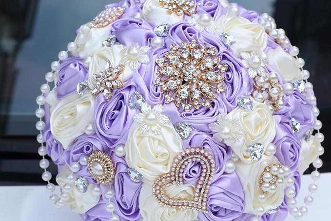Cascade Bridal Wedding Bouquet with Rhinestone Brooch Pearl String Bouquet for Bride Bridesmaid Quinceanera Satin Rose Flower Bouquet Wedding Lilac Light Purple and Ivory 8.7in