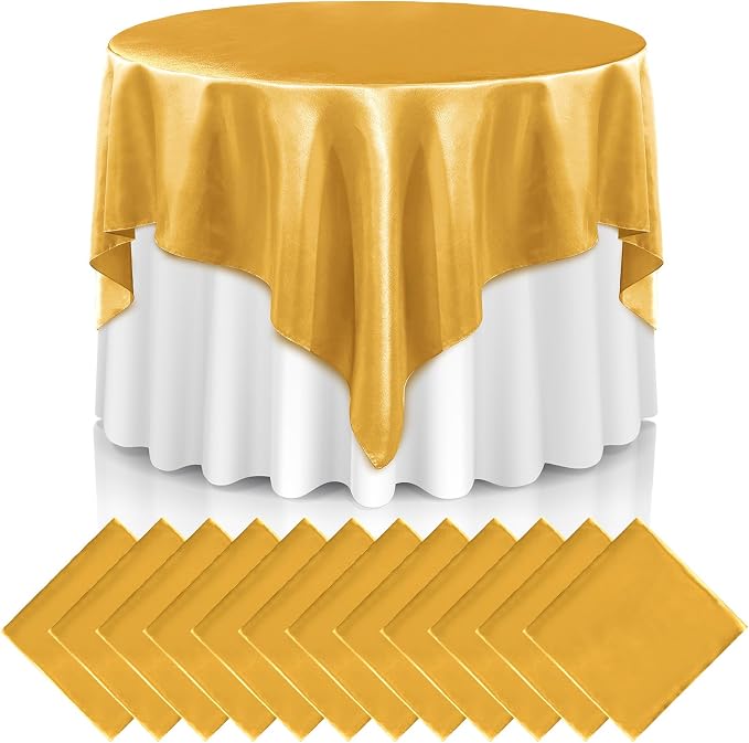 Newwiee 12 Pcs 72 Inch Satin Tablecloth Square Overlay Smooth Fabric Tablecloth Satin Table Cover Fabric Decoration Dining Cloths for Party Wedding Banquet Table Decoration(Gold)