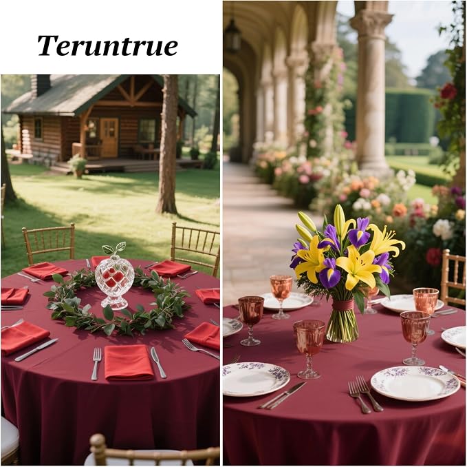 Teruntrue 12 Packs Burgundy Round Tablecloths 90 inch Round Table Cloth, Washable Polyester Fabric for Wedding Parties Banquet Holiday Dinner Table Decorative, Burgundy