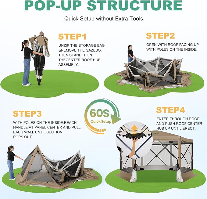 COBIZI 12x12 FT Pop Up Canopy Extendable Tent, Gazebos On Clearance with Removable Roof,Screened in Gazebo,Screen Tents Portable carpas para Patio for Outdoor Camping,Backyard, Garden,Khaki(Upgraded)