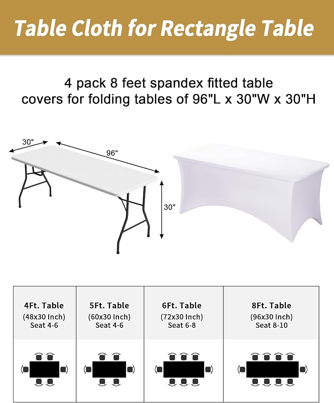 Fixwal White Tablecloths for 8 Foot Rectangle Tables, 4 Pack Spandex Stretch Fitted Table Covers for Party, Trade Show, Banquet, Wedding, Buffet
