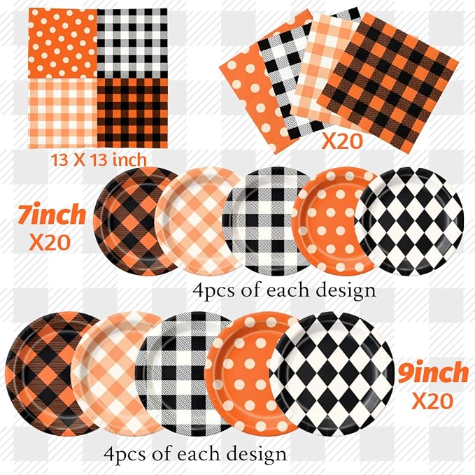 CMUSKO Fall Plaid Decorations - 60pcs Black Orange Buffalo Plaid Plates and Napkins Thanksgiving Halloween Gingham Tableware