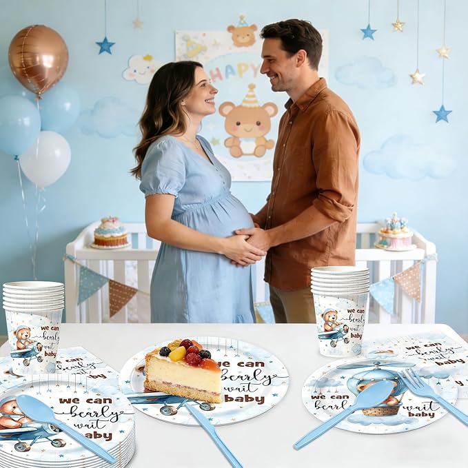 168pcs We Can Bearly Wait Plates Napkins Bear Baby Shower Party Supplies Disposable Tableware Set Teddy Bear Baby Shower Party Decorations Serve 24 Guests