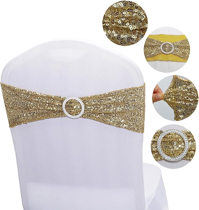 Dimatic 10 PCS Stretch Sequin Chair Sashes Chair Stretchy Spandex Bands for Wedding Reception Events Banquets Chairs Decoration (Champagne)