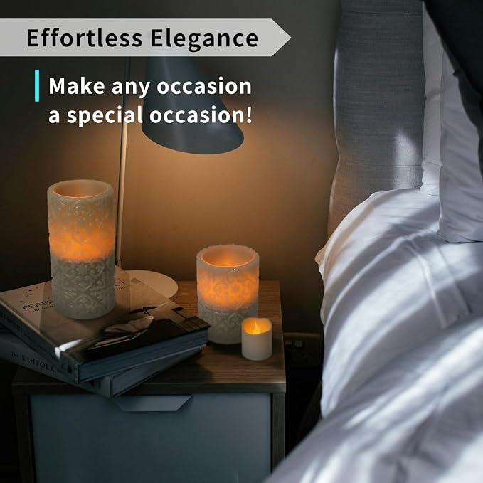 FURORA LIGHTING Grey Rome Flameless Candles - Real Wax, Adjustable Brightness, Remote & Timer - 4 Pillars (3x4, 3x6) and 4 Votives, 8-Pack, Battery Operated