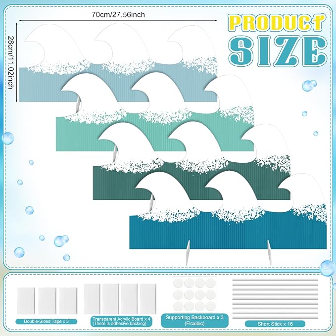 4 Pack Ocean Waves Cardboard Cutout Stand up 27 Inch Ocean Beach Theme Party Decoration Wave Life Size Photo Props for Summer Party Under The Sea Home Decoration