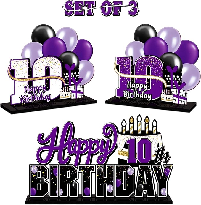 LINGTEER Happy 10th Birthday Purple Acrylic Table Topper Centerpieces Set - Cheers to Ten Years Old Birthday 10th Bday Party Gift Decorations.