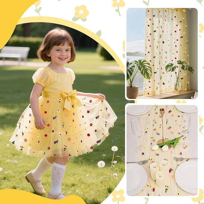 BINBE 3pcs Daisy Spring Table Runner Embroidery Gauze 10FT Florals Seasonal Tulle Holiday Birthday Kitchen Dining Table Decor for Home Party Yellow