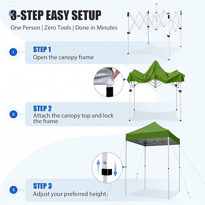 EAGLE PEAK 5x5 Pop Up Canopy Tent Instant Outdoor Canopy Easy Set-up Straight Leg Folding Shelter, Grass Green