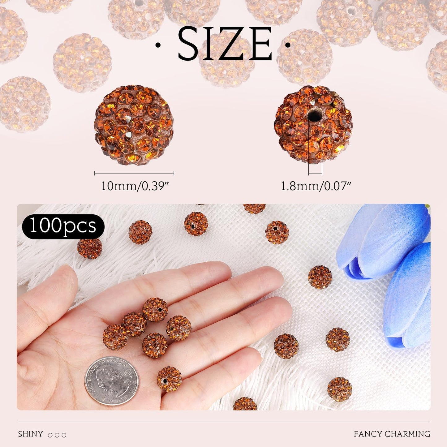 100 pcs 10mm Rhinestone Beads for Jewelry Making, Brown Shiny Round Shamballa Disco Beads Bulk, Sparkle Crystal Clay Christmas for Bracelet Baseball Necklace Earring Crafting and DIY