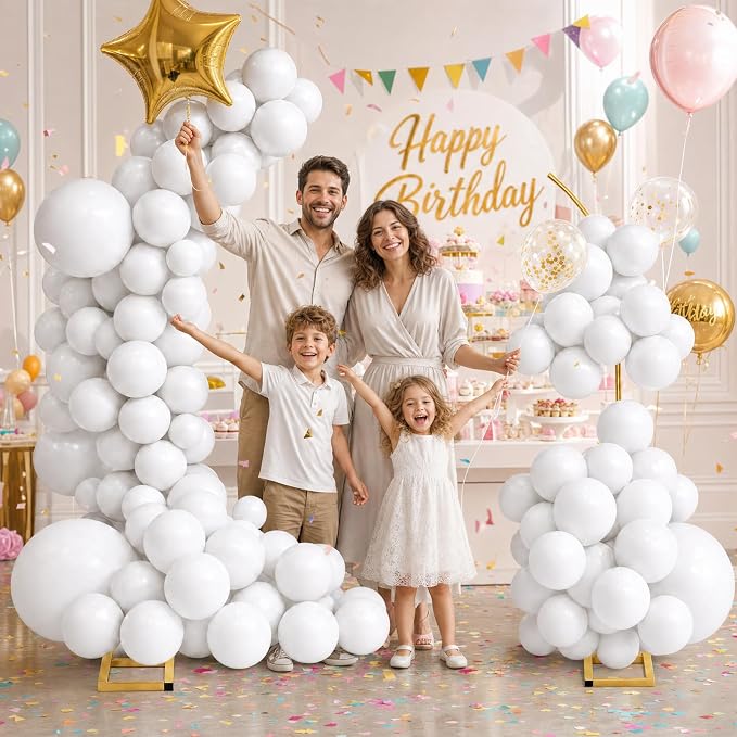 Balloon Arch Stand Kit Set with 145PCS Different Sizes White Balloons – Metal Backdrop Frame with 8 Water Bags, Gold Semi-Open Arch for Birthday, Bridal Shower, Party Decorations Indoor Outdoor.