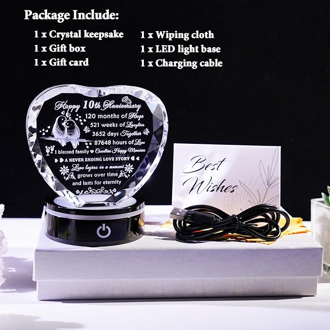 YWHL 10th Wedding Anniversary Crystal Heart Gifts for Couples with LED Base, Laser Engraved Happy 10th Anniversary Keepsake Gifts for Wife Husband, Romantic 10 Years of Marriage Gift for Her Him