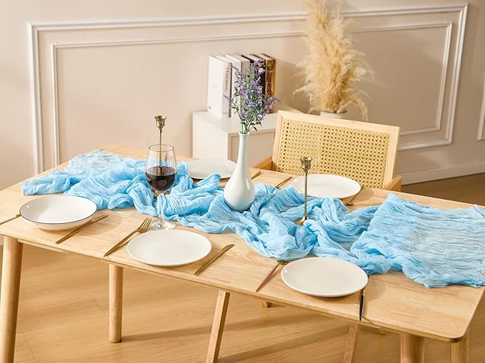 3 Pack Baby Blue Spring Table Runner Boho Cheesecloth Table Runners Bulk 10 ft Gauze Sheer Mother's Day Table Centerpieces for Wedding Ceremony Anniversary Bridal Baby Shower Banquet