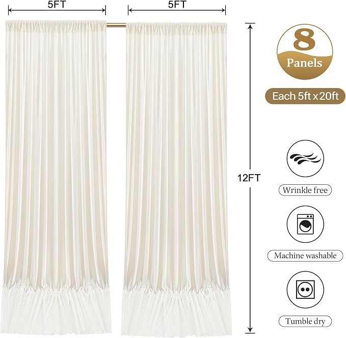 40ftx12ft Wrinkle Free Ivory Backdrop Curtain, 8 Panels 12FT Long Wedding Photo Backdrop Drapes, Silky Polyester Back Drop Cloth for Birthday Photography Background Party Backdrop Draping