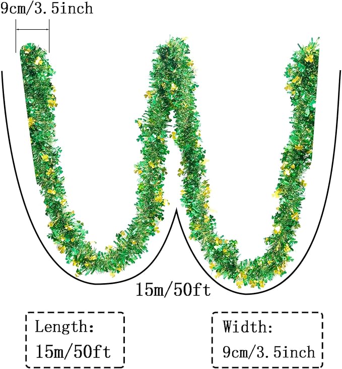 St Patricks Day Garland Decor,50Ft Glitter Tinsel Irish Shamrock Garland Decorations for Tree Mantle Bedroom Office Classroom Party Indoor Outdoor Holiday Home Green Gold
