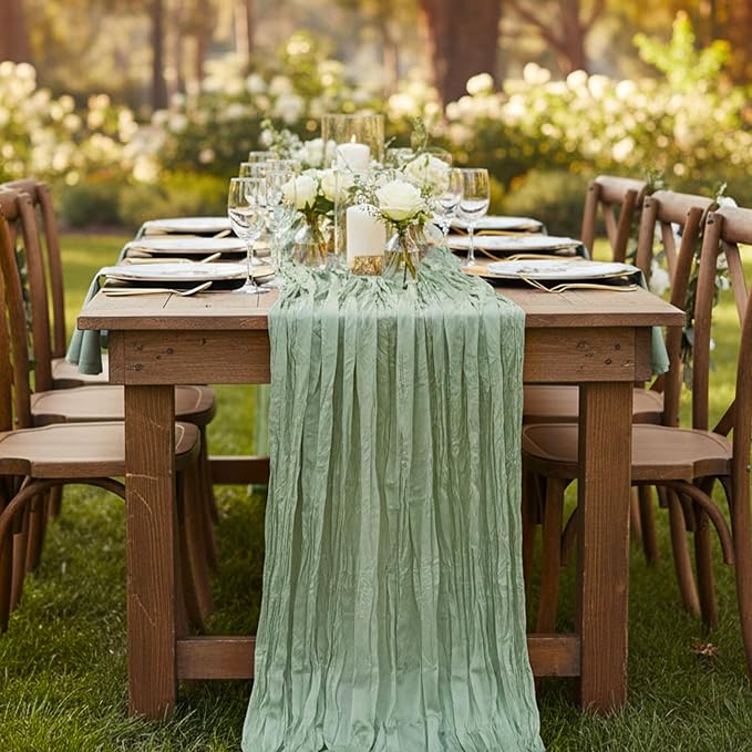 6 Pack Sage Green Cheesecloth Table Runner 120 Inch 10FT Cheese Cloth Runners for Baby Shower, Boho Decor, Wedding Decoration, Jungle Theme Party