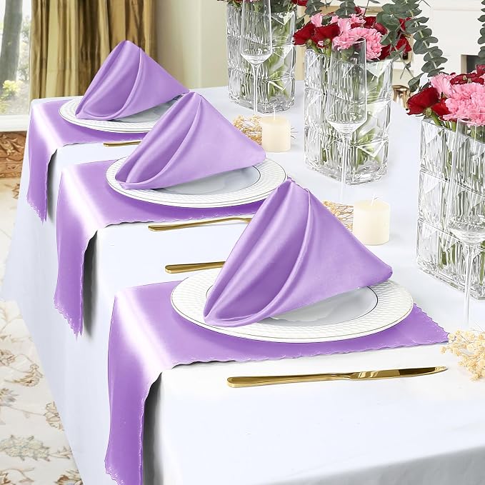 Homiest 100 Pack Light Purple Satin Napkins 17x17 Inches - Scalloped Square Silky Elegant Dinner Decor for Wedding, Restaurant, Graduation Party