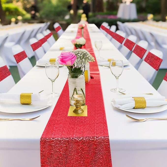 Newwiee 54 Pcs Red Sequin Chair Sashes and Table Runners, 48 Sequin Chair Bows, 6 Glitter Table Runners for Birthday Party Wedding Banquet Holiday Decorations