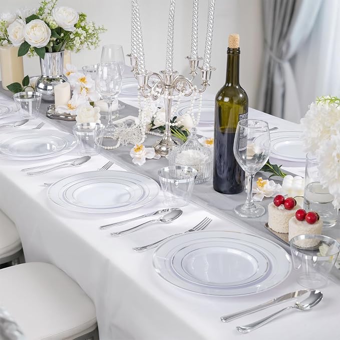 150 PCS Silver Disposable Dinnerware Set for 25 Guests, Silver Plastic Plates for Party, Including 25 Dinner Plates, 25 Salad Plates, 25 Cups, 25 Forks Knives Spoons for Wedding and Party Supplies
