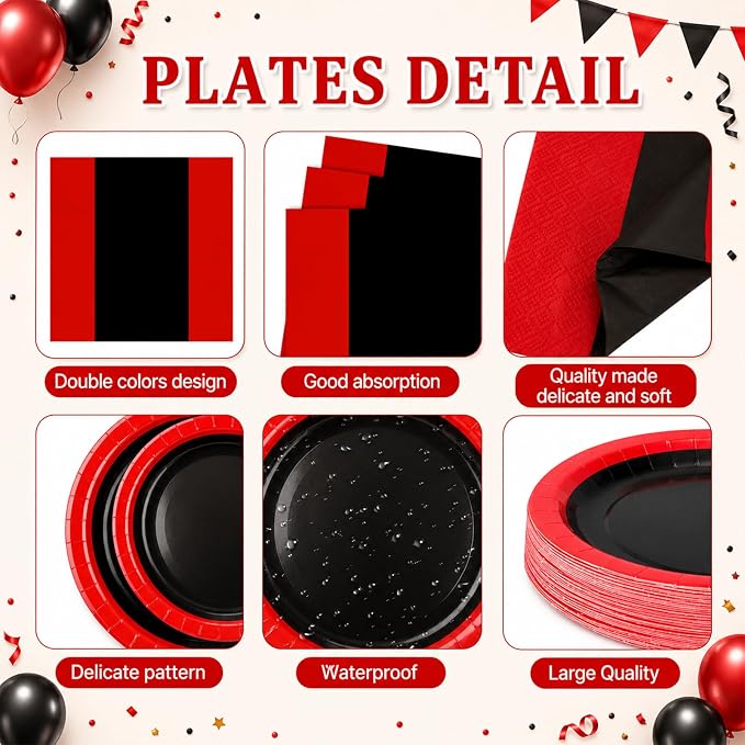 400 Pcs Red and Black Party Supplies for 50 Guests, Red and Black Paper Plates Cups Napkins Cutlery Disposable Tableware Set for Birthday Graduation Wedding Party Decoration
