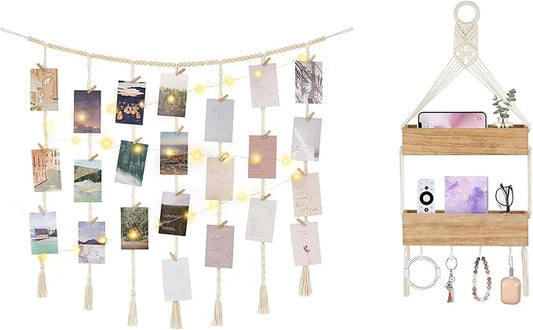 Mkono Macrame Hanging Photo Display Wall Decor with String Lights and Macrame Hanging Shelf for Bedside Shelf Organizer with Hooks