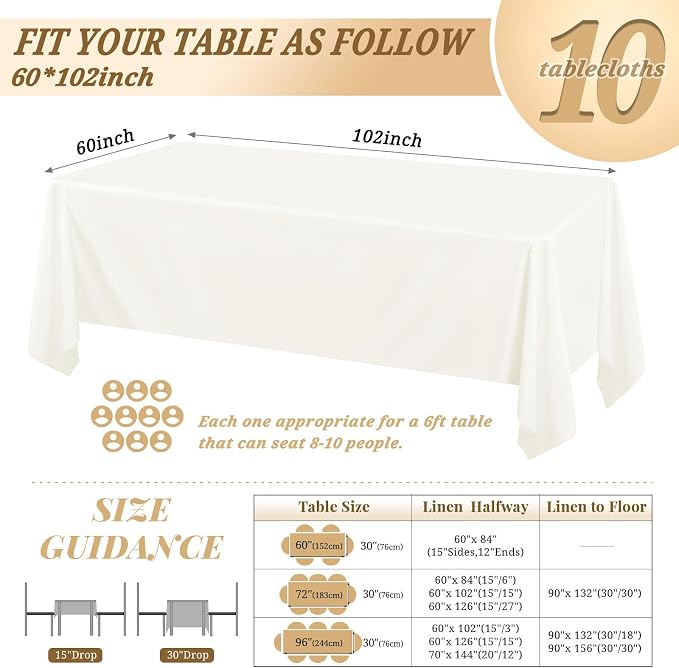 10 Pack 60 x 102 Inch Rectangle Tablecloth, Ivory Tablecloth for 6 Feet Rectangle Tables, Stain and Wrinkle Resistant Washable Fabric Table Cloth for Wedding Dining Table Buffet Parties Camping