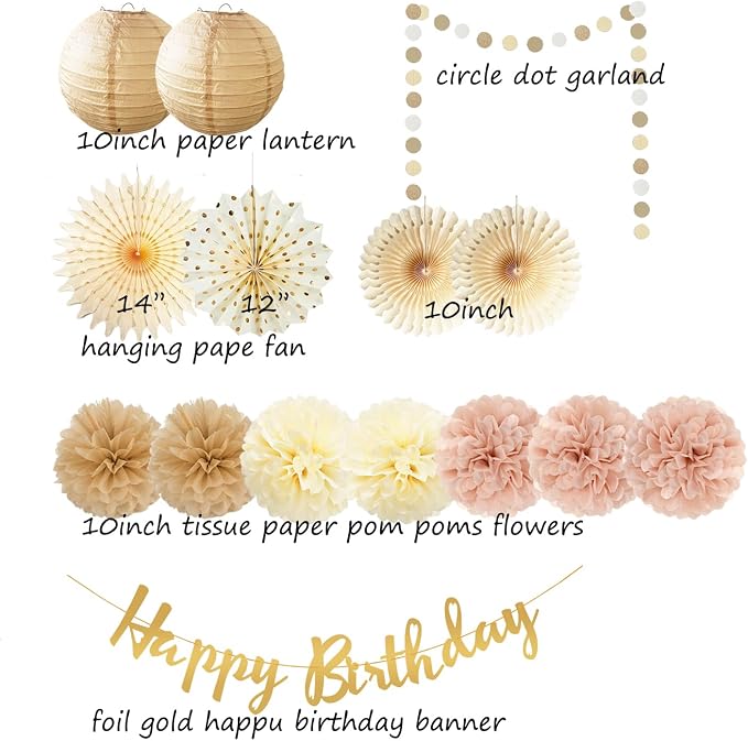 Champagne Gold Beige Birthday Decorations for Women Girls, Dusty Pink Party Decorations Cream Tissue Pom Poms Fans, Paper Lanterns, Anniversary Baby Shower Fall Boho Birthday Party Decoration