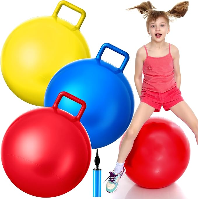 Lewtemi 3 Pcs Hopper Ball Jumping Hopping Ball, Exercise Ball Bouncing Ball with Handle and Air Pump for Outdoors Sports School Games Exercise (22 Inch,Red, Blue, Yellow)