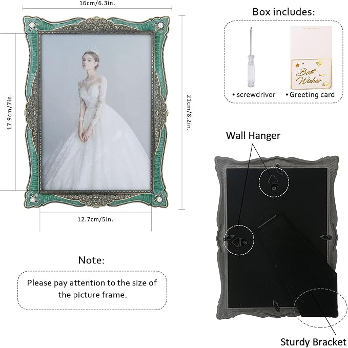 5x7 Vintage Picture Frame Green Metal Emerald Antique Brass Pearl Photo Frame Retro Home Decor, Clear Glass Front, Unique Gifts for Women Wedding Mothers Day, Horizontally & Vertically
