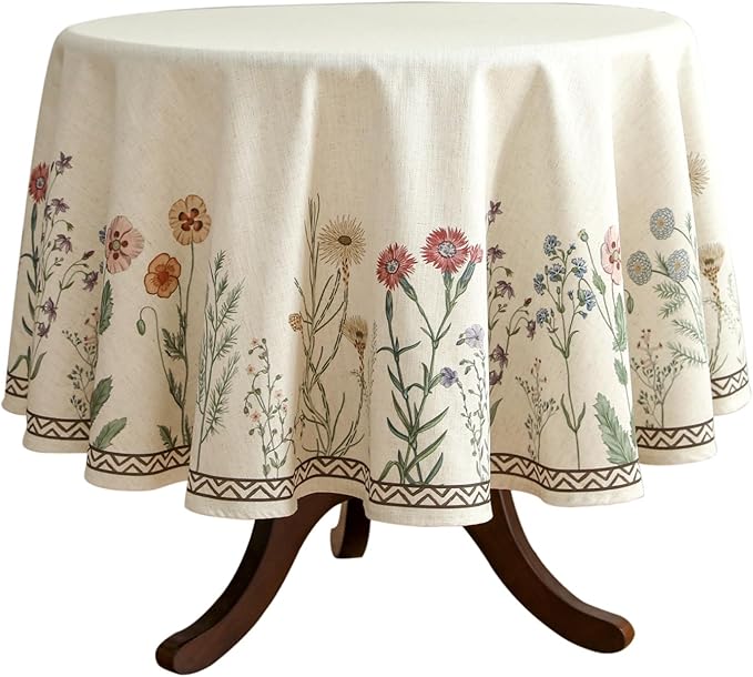 ISAENNE Designer Linen Round Tablecloth,Diameter 55"-Serenity G | Vintage Elegant French Floral Durable Table Cloth,Light Beige,Decor,Heavyweight,Dining Room,Tea Party,Kitchen,Thanksgiving