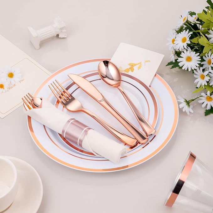 realluck 350 PCS White and Rose Gold Plastic Dinnerware Set for 50 Guests, 100 Plates for Party, 50 Pre Rolled Napkins with Gold Silverware, 50 Cups