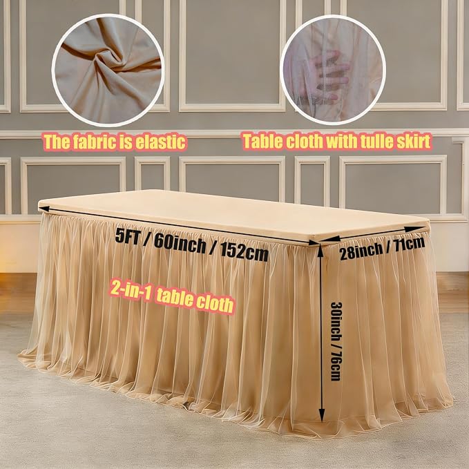 Champagne 2-in-1 Stretch Tulle Table Cover & Skirt – Fits 5ft Rectangular Tables, Perfect for Baby Shower, Bridal, Birthday & Princess Parties (1 Pack)