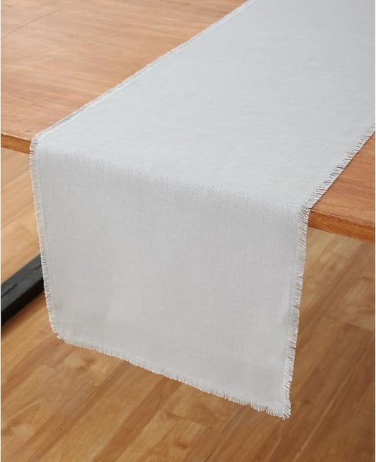 Solino Home Linen Light Grey Table Runner 120 Inches Long - Fringe, 100% Pure Linen 14 x 120 Inch Table Runner for Spring, Summer, Mothers Day