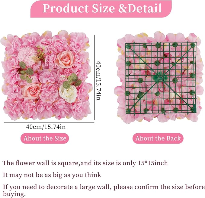 3D Flower Wall Backdrop - 12Pcs 15×15 Inch Artificial Rose Panels Pink Silk Floral Decor for Home Party Wedding Anniversary Birthday Photographic Studio Background & Decorative Fences