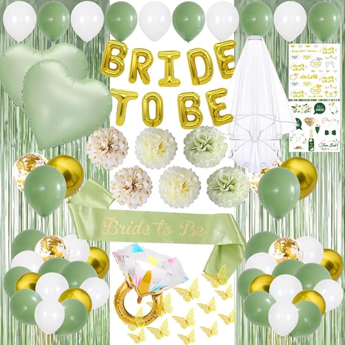 Bridal Shower Decorations,Bachelorette Party Decorations,Bride to Be Bridal Shower with Balloons,Bridal Veil Sash Fringe Curtain for Bachelorette Party favors (Green)