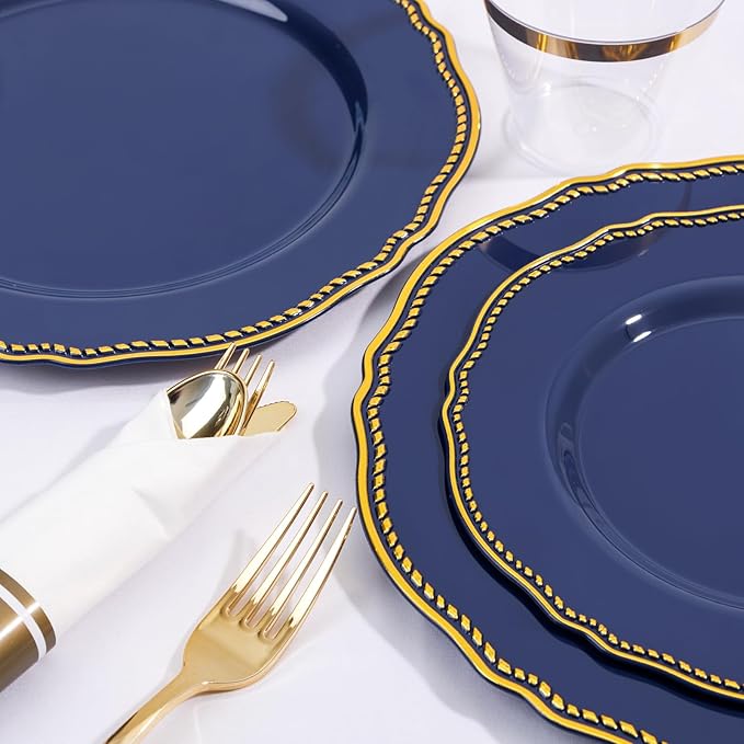 Hioasis 350pcs Blue and gold Plastic Plates - Blue Plastic Dinnerware Set Includes 50 Dinner Plates, 50 Dessert Dinnerware, 50 Cups, 50 Rolled Napkin Cutlery Perfect for Wedding
