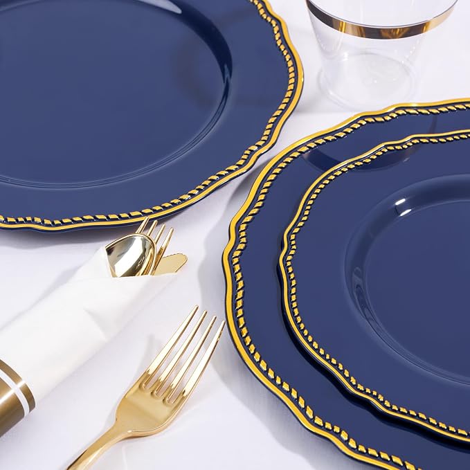 Hioasis 350pcs Blue and gold Plastic Plates - Blue Plastic Dinnerware Set Includes 50 Dinner Plates, 50 Dessert Dinnerware, 50 Cups, 50 Rolled Napkin Cutlery Perfect for Wedding & 4th ofJuly