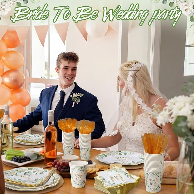Pickmesh 400 Pcs Sage Green Bridal Shower Party Supplies Eucalyptus Leaves Bride to Be Happy Ever After Disposable Paper Plates Napkins Cups Cutlery Set for Wedding Bachelorette Party Decorations