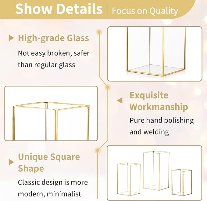 Nuptio Glass Hurricane Candle Holder Set of 3 Gold Pillar Candle Holders Large Rectangular Candleholder Table Centerpieces Decoration for Wedding Christmas Holiday Home Ornaments 9.5 & 8.1 & 6.5 inch