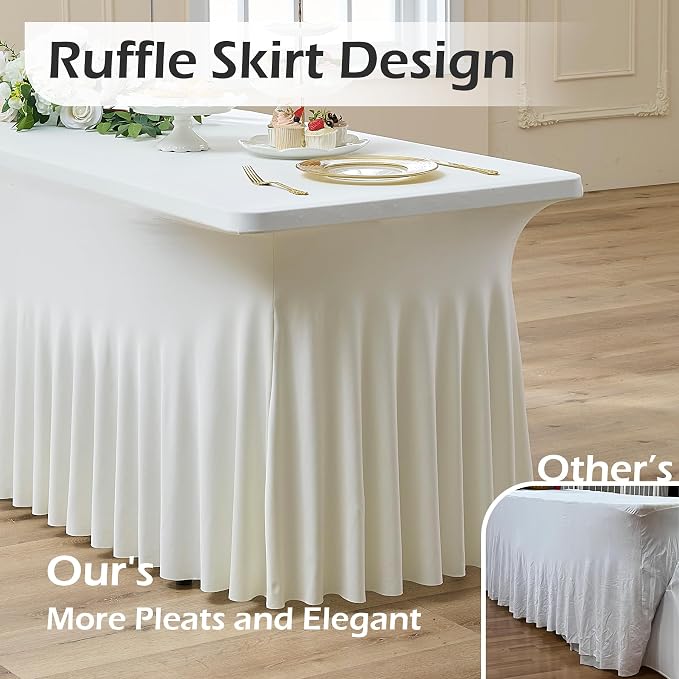 NSSONBEN 2 pk Ivory Spandex Tablecloth for 8 Foot Rectangle Tables,Wrinkle Free High Stretch Cream Fitted Tablecloths with Ruffle Skirt, Elastic Spandex Table Covers 8ft for Parties Weddings Banquet