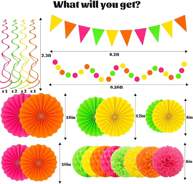 24 Pcs Neon Party Decorations Glow in the Dark Party Supplies | UV reactive fluorescent paper in pink, orange, yellow and green; paper fans, pom poms, honeycomb balls, banner and garland