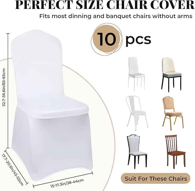 White Chair Covers 10 pcs Stretch Spandex Chair Covers Universal Fitted Chair Cover Protector for Wedding,Party, Banquet, Holidays, Celebration, Decoration（White, 10 PCS）