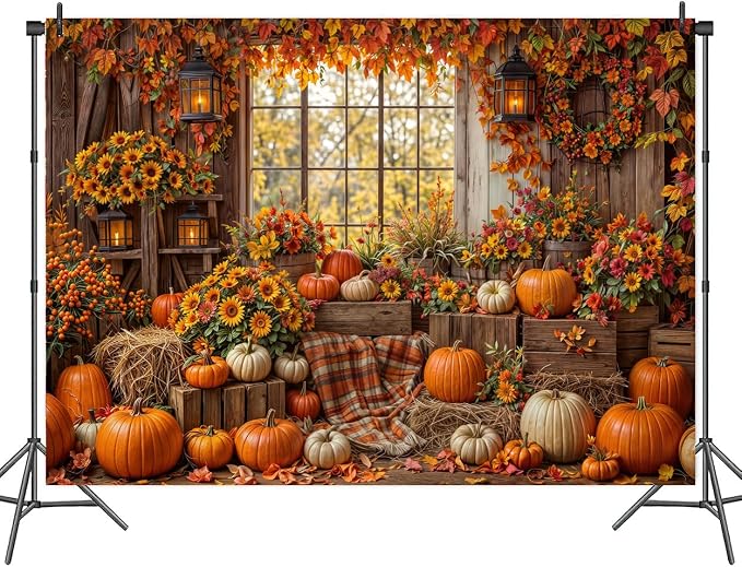 12 x 10 ft Fall Backdrop Autumn Rustic Wooden Floor Barn Window Pumpkin Maple Leaves Sunflower Background Thanksgiving Farm Harvest Photoshoot Portrait Photo Backdrops Decorations