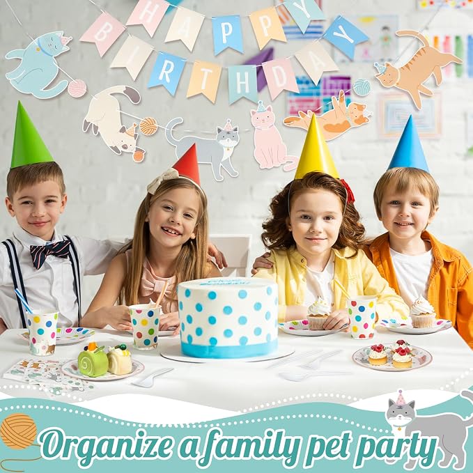 Qinyoung 176 Pcs Cat Birthday Party Supplies Disposable Tableware Set Serves 25 Cute Kitten Themed Paper Plates Napkins Cups Cutlery with Banner for Birthday Decorations