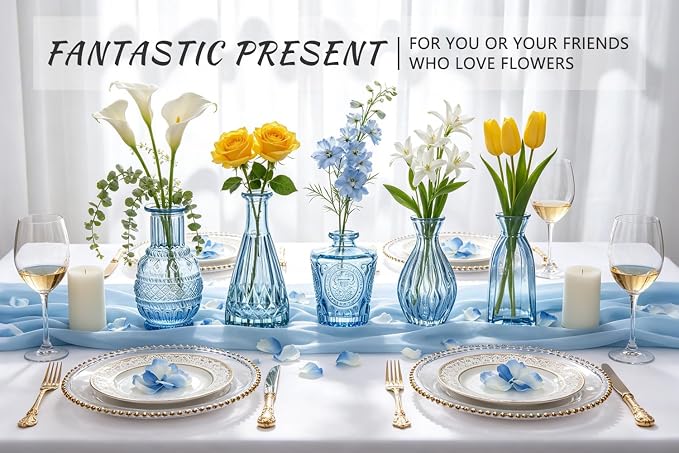 SUPMIND 6pcs Glass Bud Vase Set, Small Blue Flower Vases for Centerpieces in Bulk, Mini Vintage Vase for Wedding, Home Decor, Table Decoration