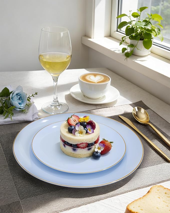 bUCLA 150PCS Blue Plastic Plates - Light Blue and Gold Disposable Include 25 Each (Dinner & Dessert) Plates, 25 Knives, 25 Forks, 25 Spoons and 25 Cups, Ideal for Party, Birthday & Wedding