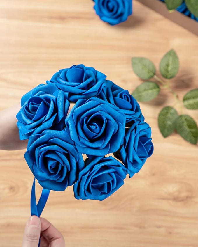 DuHouse 25Pcs Artificial Roses Flowers Fake Roses with Stems Real Touch Foam Flowers for DIY Wedding Bouquet Centerpiece Floral Arrangement Party Home Decor(Royal Blue)